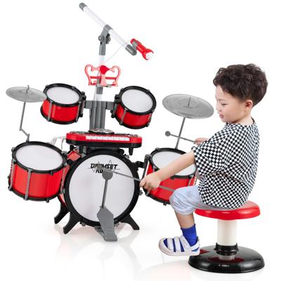 Kinderdrumset met Toetsenbord en Kruk Jazz-Drums met Microfoon Muziekstandaard Multifunctioneel Toetsenbord Muziekinstrument Rood