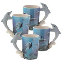 Puckator Koffiemok Dolfijn - 4x - met ornament - 280 ML - drinkbeker - dieren thema