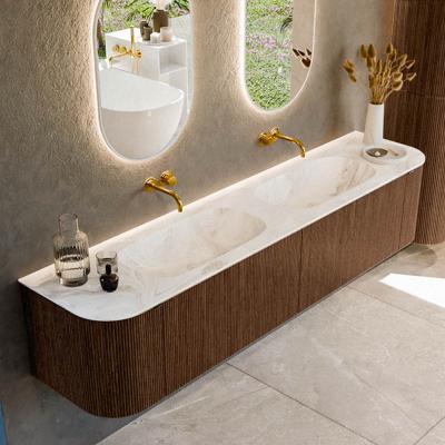 Badmeubel Mondiaz Kurve-Dlux | 200 cm | Meubelkleur Walnut | Wastafelkleur Frappe | Solid surface | Dubbele spoelbak | Zonder kraangat(en)