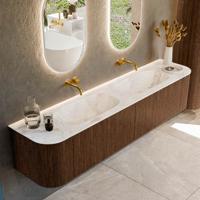 Badmeubel Mondiaz Kurve-Dlux | 200 cm | Meubelkleur Walnut | Wastafelkleur Frappe | Solid surface | Dubbele spoelbak | Zonder kraangat(en)