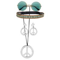 Hippie Sixties verkleed set dames - bril met ronde glazen groen - peace thema ketting met oorbellen