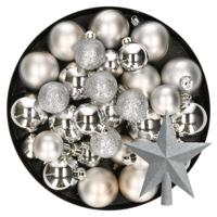 Kerstversiering kunststof kerstballen met piek zilver 4-5-6-8 cm pakket van 38x stuks - Kerstbal - thumbnail