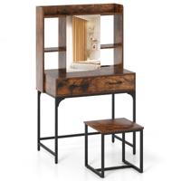 Make-up Tafelset met Spiegel Make-up Tafel met Oplaadstation Lades Open Planken Rustiek Bruin
