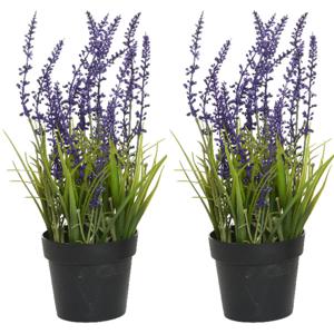 Everlands Lavendel - 2x stuks - kunstplant in pot - violet paars - D15 x H30 cm