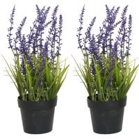 Everlands Lavendel - 2x stuks - kunstplant in pot - violet paars - D15 x H30 cm