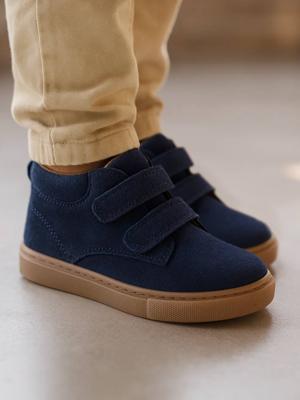 Halfhoge jongenssneakers in gekrast leer marineblauw