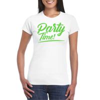 Verkleed T-shirt voor dames - party time - wit - groen glitter - carnaval/themafeest