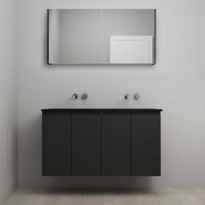 On-Line Badkamermeubelset - 120 cm - Bouwpakket - Greeploze Ladestructuur - Acryl Wastafel - zonder Kraangat - Spiegelkast - Mat Zwart - V02