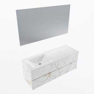 MONDIAZ VICA 130cm badmeubel onderkast Carrara 2 lades. Wastafel CLOUD links zonder kraangat, kleur Talc met spiegel LED.