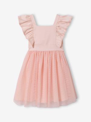 Feestelijke meisjesjurk met ruches van katoengaas en tule lichtroze