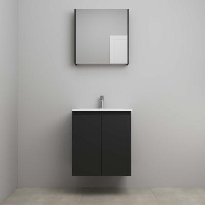 On-Line Badkamermeubelset - 60 cm - Voorgemonteerd - Greeploos 2 Deuren - Acryl Wastafel - 1 Kraangat - Spiegelkast - Mat Zwart