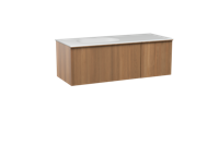 Balmani Forma zwevend badmeubel 135 x 55 cm teakhout met Tablo Oval asymmetrisch linkse wastafel in solid surface mat wit, Verticale symmetrische rechte ribbel
