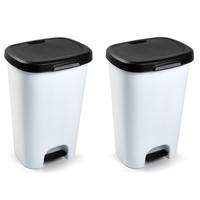 PlasticForte Pedaalemmer - 2x stuks - wit - vuilnisbak met deksel - 50 l
