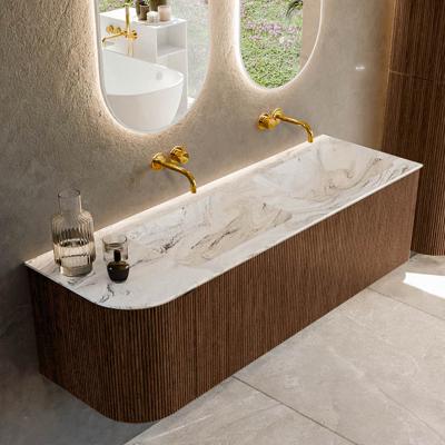 Badmeubel Mondiaz Kurve-Dlux | 145 cm | Meubelkleur Walnut | Wastafelkleur Glace | Solid surface | Dubbele spoelbak | Zonder kraangat(en)