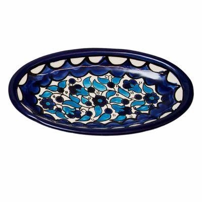 Blauwe Ovale Fair-Trade Schaal met Bloemen