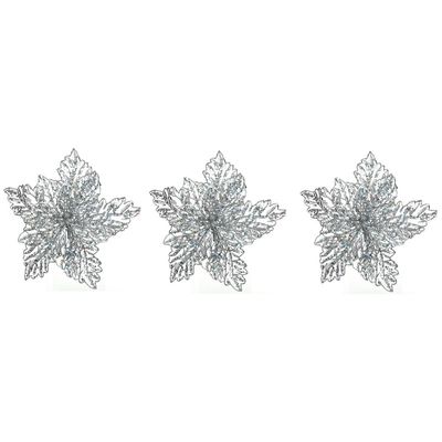 3x Kerstboomversiering op clip zilveren glitter bloem 23 cm