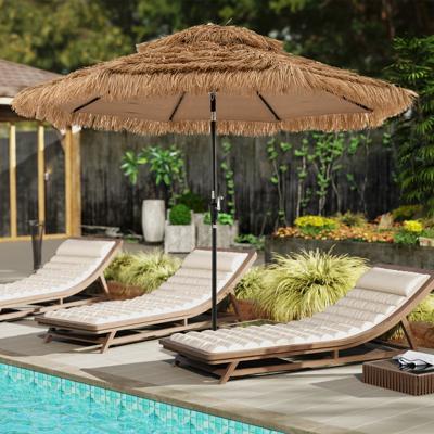 313 cm Terrasparasol met Strooien Dak Strandparasol in Hawaiiaanse Stijl met Centrale Naafverlichting Parasol voor Tuin