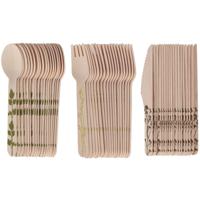 Esschert Design bestek set - hout - 300x - mes/lepel/vork - kruidenopdruk - BBQ/verjaardag/camping