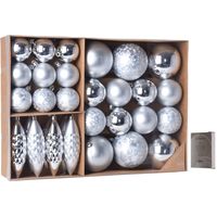 Kerstballen/ornamenten pakket 31x zilver kunststof mix incl. 50x ophanghaakjes - thumbnail