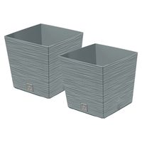 Plantenpot/bloempot Furu Stripes - 2x - voor buiten - kunststof - lichtgrijs - vierkant - D29.5 x H2