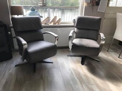 Set van 2 leren relaxfauteuils met stalen frame - grijs leer - Echt leer, Industrieel, ontdek de vele Leersoorten en Kleuren bij ShopX