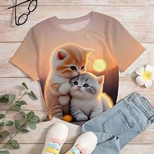 Voor meisjes 3D Grafisch Tekenfilm Kat T-shirt Korte mouw 3D-afdrukken Zomer Lente Actief Modieus leuke Style Polyester Kinderen 3-12 jaar Buiten Casual Dagelijks Normale pasvorm Lightinthebox