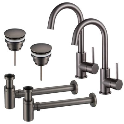 Fortifura Calvi Wastafelkraanset - voor dubbele wastafel - hoge wastafelkraan - draaibare uitloop - klikwaste plug - verlaagde design sifon - Geborsteld Gunmetal PVD 2x SW809350/2x SW767288/2x SW767295