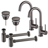 Fortifura Calvi Wastafelkraanset - voor dubbele wastafel - hoge wastafelkraan - draaibare uitloop - klikwaste plug - verlaagde design sifon - Geborsteld Gunmetal PVD 2x SW809350/2x SW767288/2x SW767295