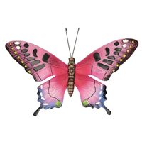 Roze/zwarte metalen tuindecoratie vlinder 37 cm   -