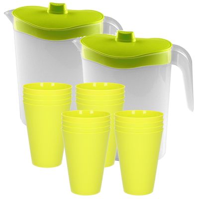 16x kunststof drinkbekers 430 ML met 2x stuks schenkkannen set groen van 2.5 liter