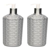 Plasticforte Zeeppompje - 2x - zeep dispenser - zilver - gevlochten kunststof - 16 cm