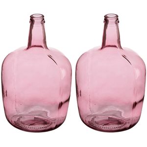 Bloemenvazen 2x stuks - flessen model - glas - roze transparant - 22 x 39 cm