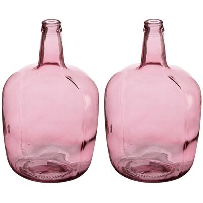 Bloemenvazen 2x stuks - flessen model - glas - roze transparant - 22 x 39 cm Bloemenvazen 2x stuks - flessen model - glas - roze transparant - 22 x 39 cm