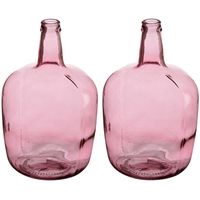 Bloemenvazen 2x stuks - flessen model - glas - roze transparant - 22 x 39 cm