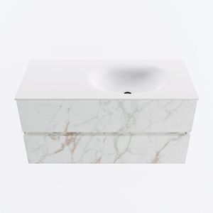 MONDIAZ VICA 100cm badmeubel onderkast Carrara 2 lades. Wastafel MOON rechts 1 kraangat, kleur Talc.