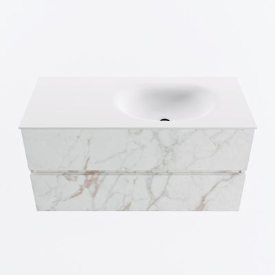MONDIAZ VICA 100cm badmeubel onderkast Carrara 2 lades. Wastafel MOON rechts 1 kraangat, kleur Talc.