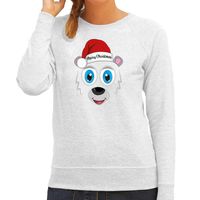 Foute Kersttrui/sweater voor dames - IJsbeer gezicht - lichtgrijs - Merry Christmas - thumbnail