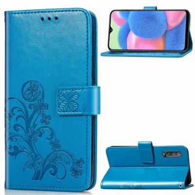 Voor Galaxy A30S vier-blad clasp reliëf gesp mobiele telefoon bescherming lederen draagtas met Lanyard & kaartsleuf & portemonnee & beugel functie (b