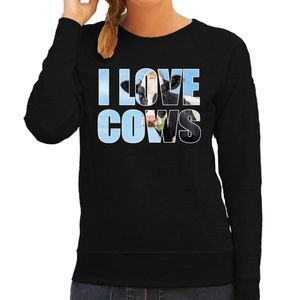 Tekst sweater I love cows met dieren foto van een koe zwart voor dames