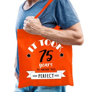 Cadeau tas voor heren - 75 en perfect - oranje - katoen - 42 x 38 cm - vijfenzeventig - shopper