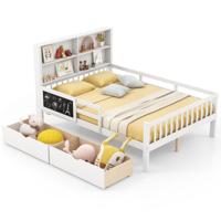 Kinderbed met 2 Lades Boekenrek & Bord 140 x 200 cm Jeugdbed met Valbescherming Wit