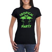 Tropical party T-shirt voor dames - met glitters - zwart/groen - carnaval/themafeest - thumbnail