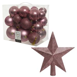 Kerstversiering kunststof kerstballen met piek oud roze 6-8-10 cm pakket van 27x stuks - Kerstbal