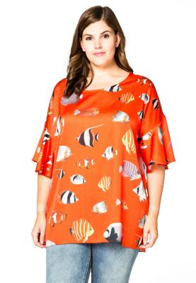 Yoek Blouse met volants FISHES | Oranje | Maat 38/40
