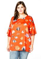 Yoek Blouse met volants FISHES | Oranje | Maat 50/52