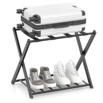 Opvouwbaar Bagagerek Bagagerek met 2 Niveaus Stevig Metalen Bagagerek Stevige Nylon Riemen voor Slaapkamer Kledingkast Zwart