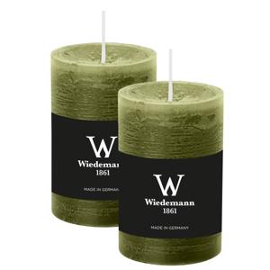Cilinderkaars/stompkaars - 2x - rustieke kaars - olijfgroen - 6 x 9 cm - 30 branduren