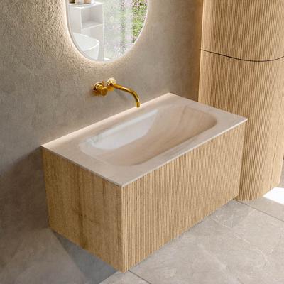 Badmeubel Mondiaz Kurve-Dlux | 80 cm | Meubelkleur Oak | Wastafelkleur Meli | Solid surface | Wasbak midden spoelbak | Zonder kraangat(en)