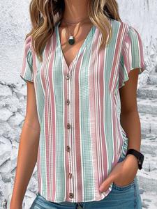 Loose V Neck Striped Casual Blouse