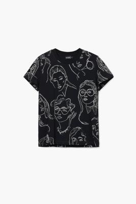 T-shirt met korte mouwen en gezichtenprint - BLACK - S